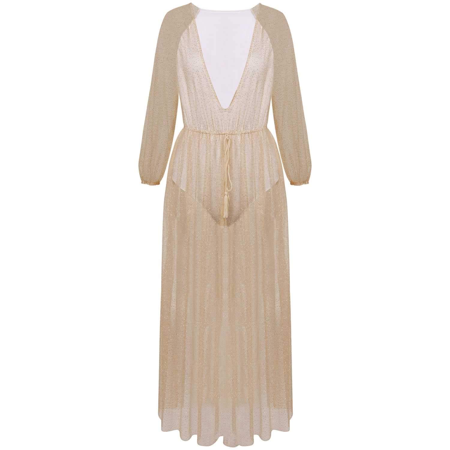 Gitter Sequins Deep Plunge Tie Waist Long Sleeve Sheer Mesh Dress on sale - SOUISEE