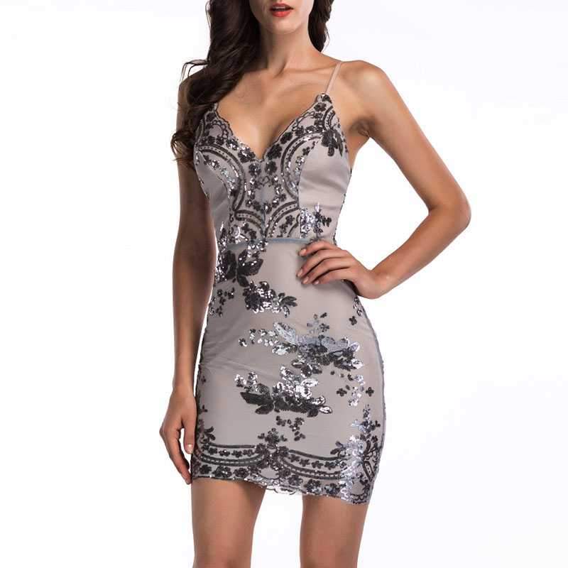 Sparkly Glitter Floral Embellished Spaghetti Plunge Sequin Dress on sale - SOUISEE