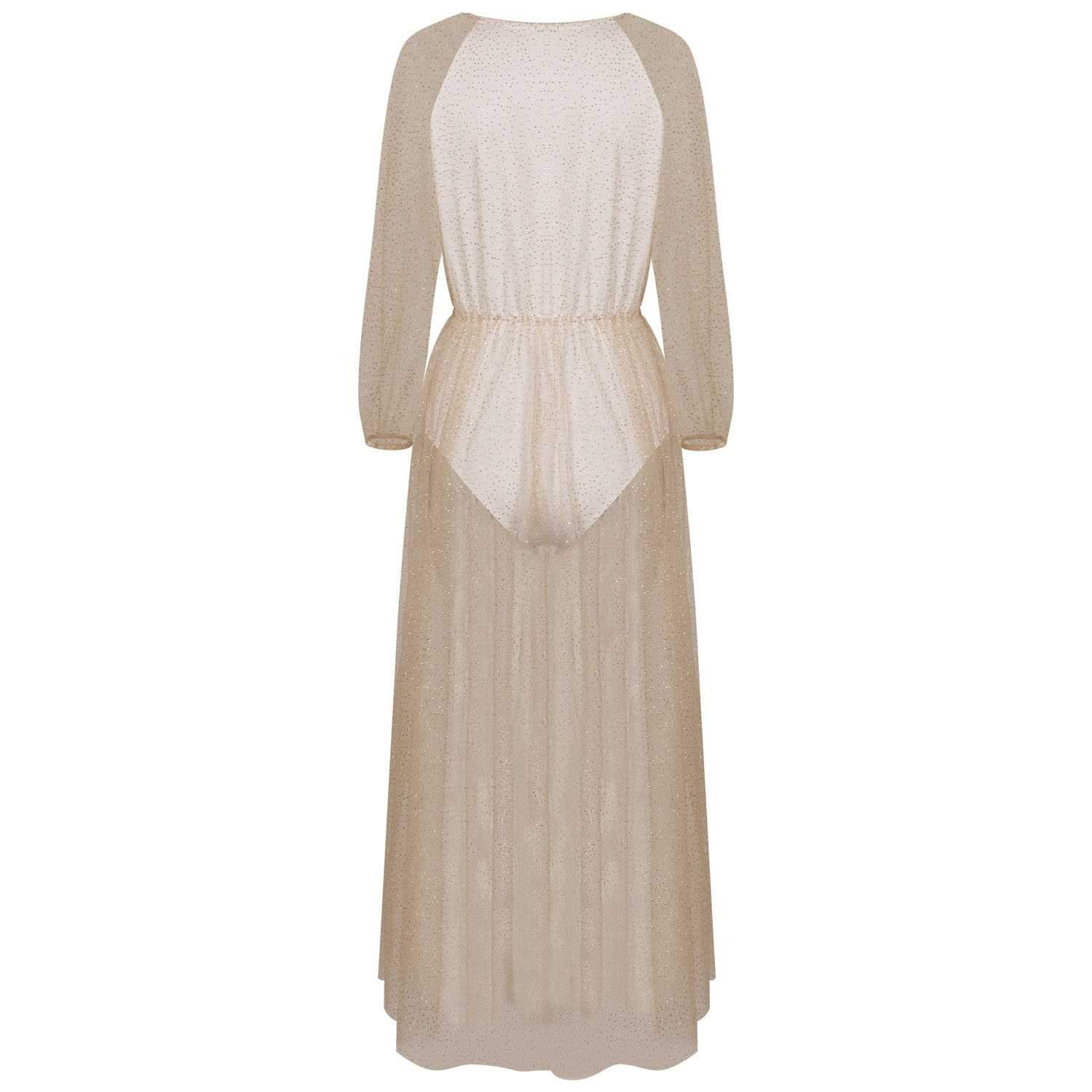 Gitter Sequins Deep Plunge Tie Waist Long Sleeve Sheer Mesh Dress on sale - SOUISEE