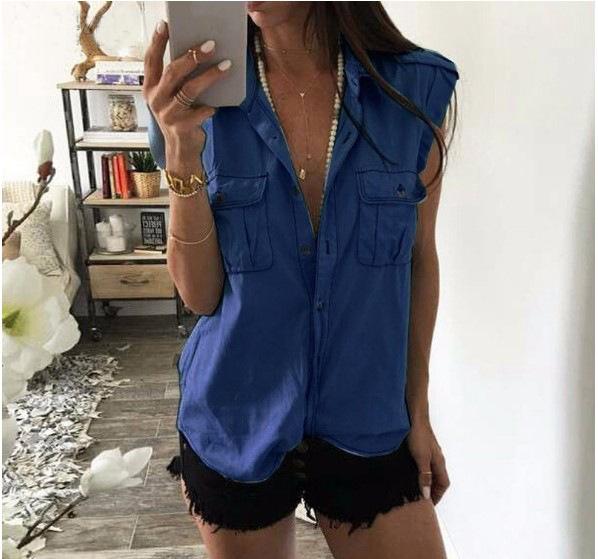 Casual Button Up Sleeveless Denim Shirt Blouses on sale - SOUISEE