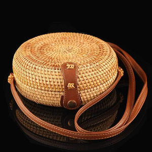 Boho Handmade Round Woven Handbag Bali Rattan Crossbody Beach Bag on sale - SOUISEE