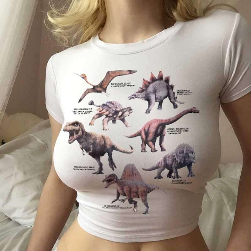 Cool Graphic Prints Jurassic Dinosaur Short Sleeve Crop Top Tee Shirt on sale - SOUISEE