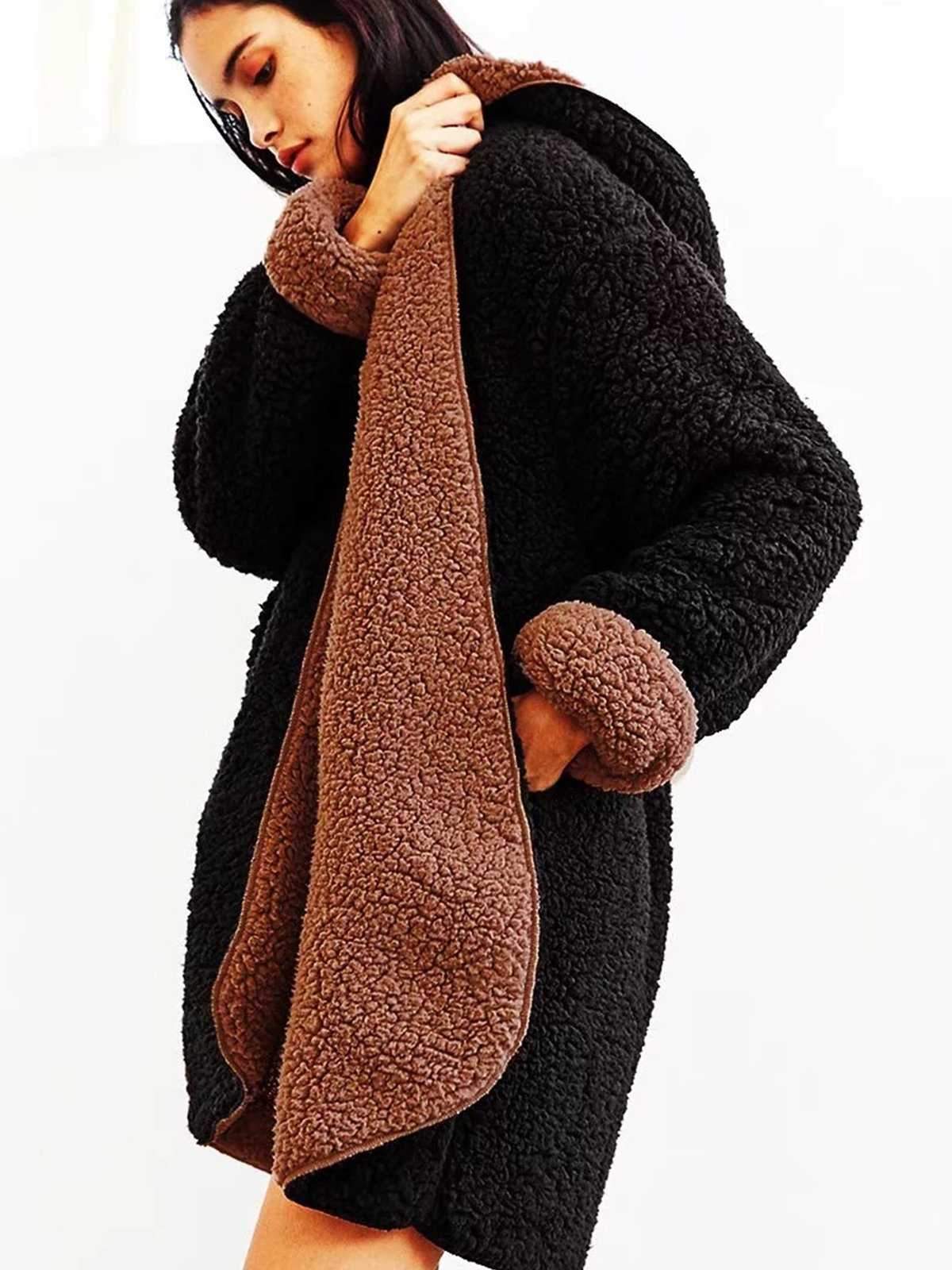 Revers Fuzzy Faux Fur Hooded Long Winter Coat on sale - SOUISEE