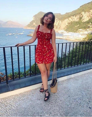 Casual Corset Red Fleur Floral Ruffle Strap Button Up Floral Dress on sale - SOUISEE