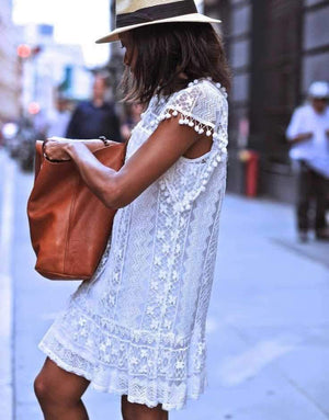 Boho White Sheer Lace Dress Summer Sundress on sale - SOUISEE