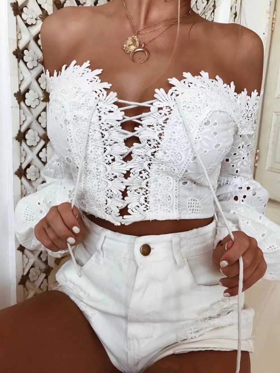 Eyelet Lace Crop Top Off Shoulder Puff Sleeve on sale - SOUISEE