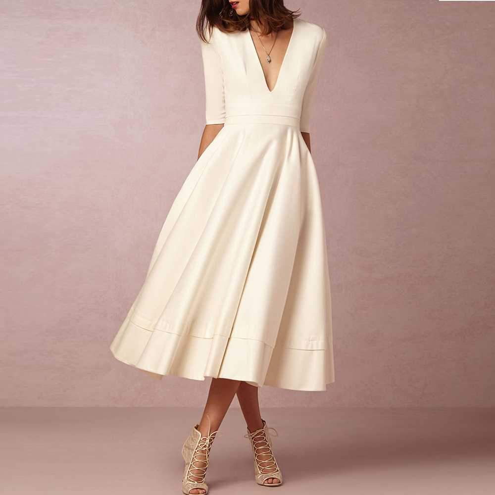 Classy Plunge Neckline Flowy Midi Work Dress on sale - SOUISEE