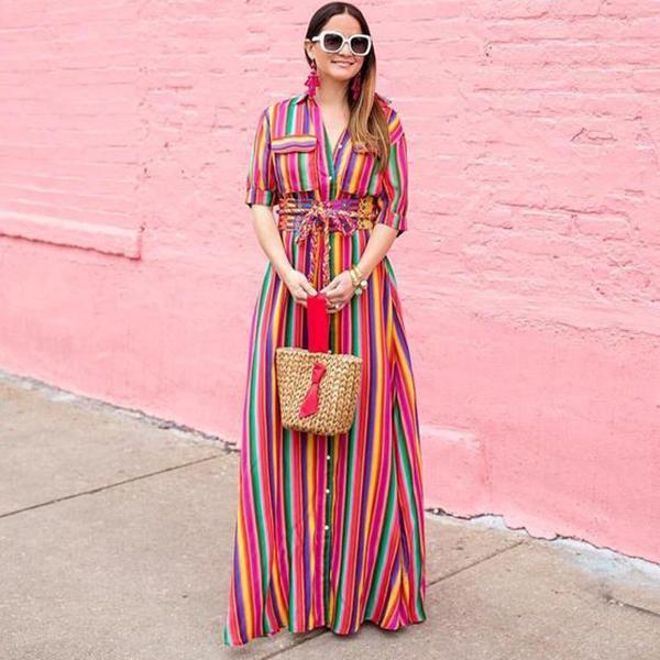 Boho Multi striped long maxi button down dress with sleeves on sale - SOUISEE