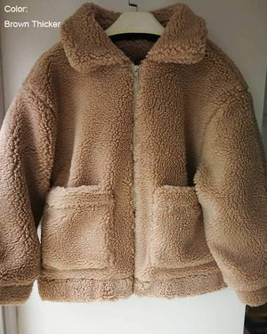 Women Fluffy Teddy Bear Fleece Coat Collared Zip Jacket Outwear