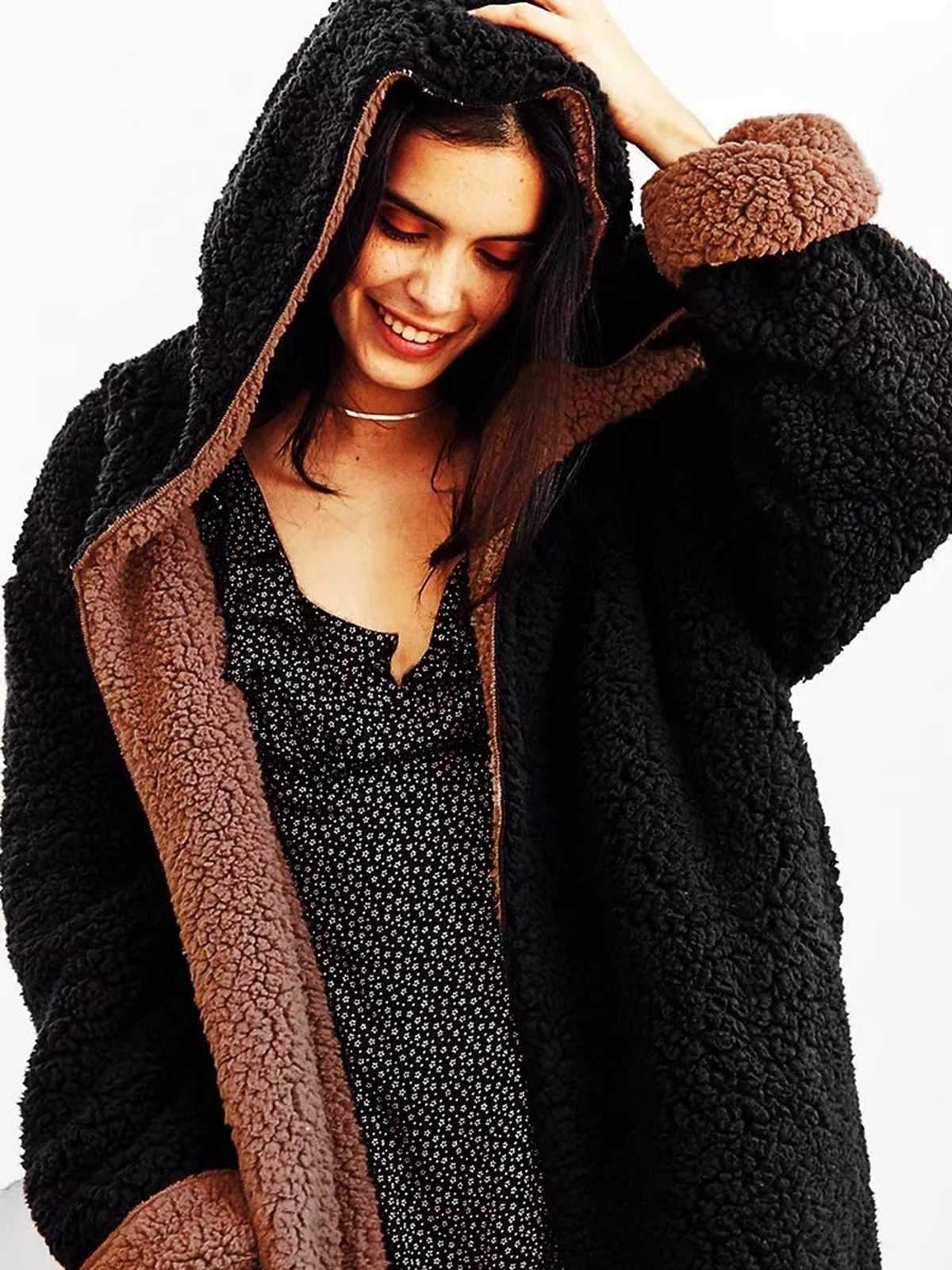 Revers Fuzzy Faux Fur Hooded Long Winter Coat on sale - SOUISEE