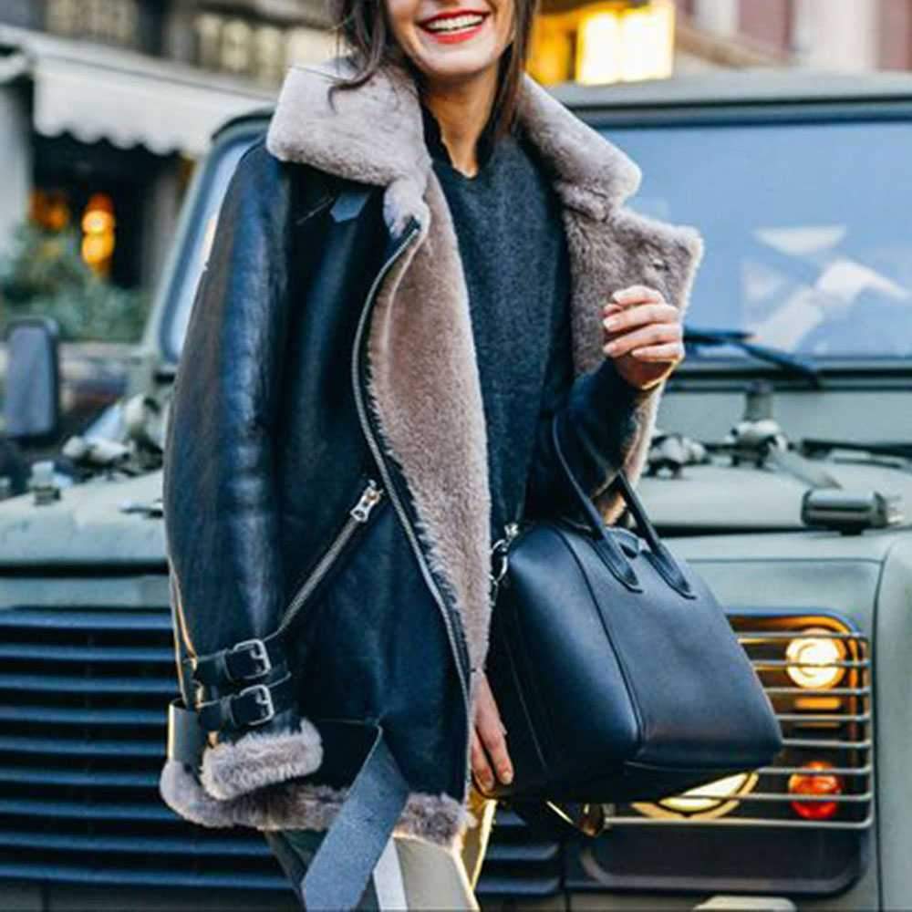 Faux Fur Lined Leather Shearling Moto Jacket on sale - SOUISEE