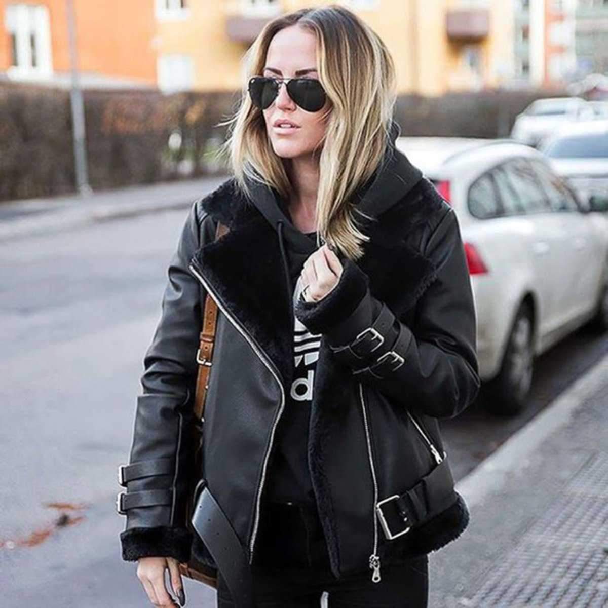 Faux Fur Lined Leather Shearling Moto Jacket on sale - SOUISEE