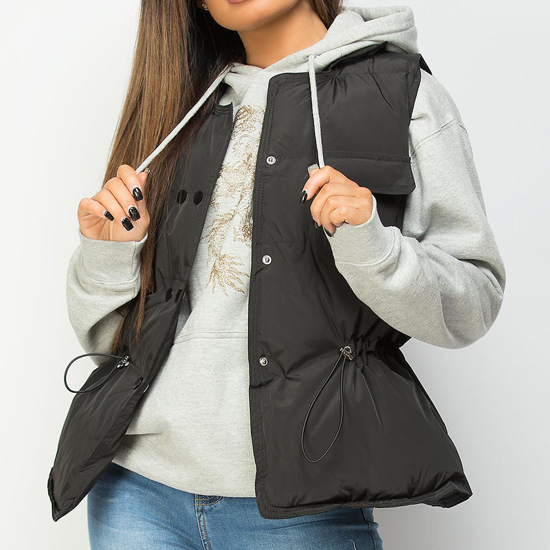 Button Drawstring Waist Quilted Vest Puffer Gilets Sleeveless Bodywarmer on sale - SOUISEE