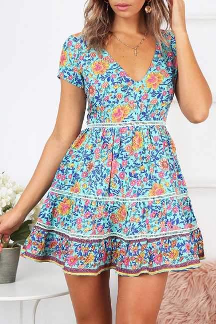 Trimming Boho Floral Button Down Flowy Mini Dress on sale - SOUISEE