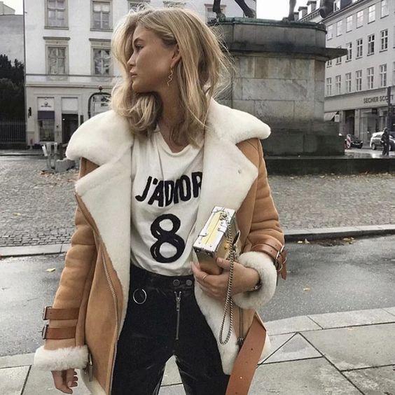 Faux Fur Lined Leather Shearling Moto Jacket on sale - SOUISEE