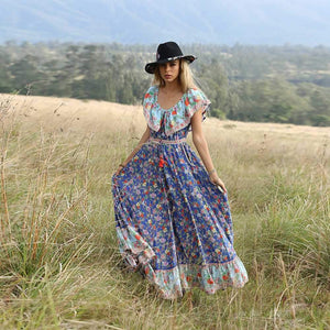 Bohemian Hippie Floral Flounce Off The Shoulder Maxi Dress on sale - SOUISEE