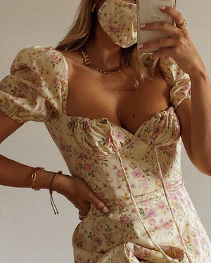 Boho Flower Garden Floral PUFF SLEEVE Square Neck Side Thigh Split Midi Dress on sale - SOUISEE