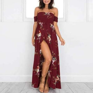 Off The Shoulder Maxi Slit Dress Boho Floral Prints on sale - SOUISEE