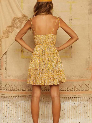 Mustard Yellow Floral Tie Shoulder Ruffle Dress With Frills at bottom on sale - SOUISEE
