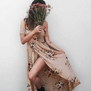 Off The Shoulder Maxi Slit Dress Boho Floral Prints on sale - SOUISEE