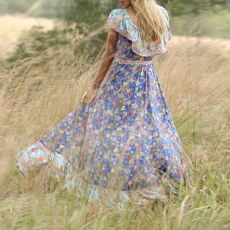 Bohemian Hippie Floral Flounce Off The Shoulder Maxi Dress on sale - SOUISEE