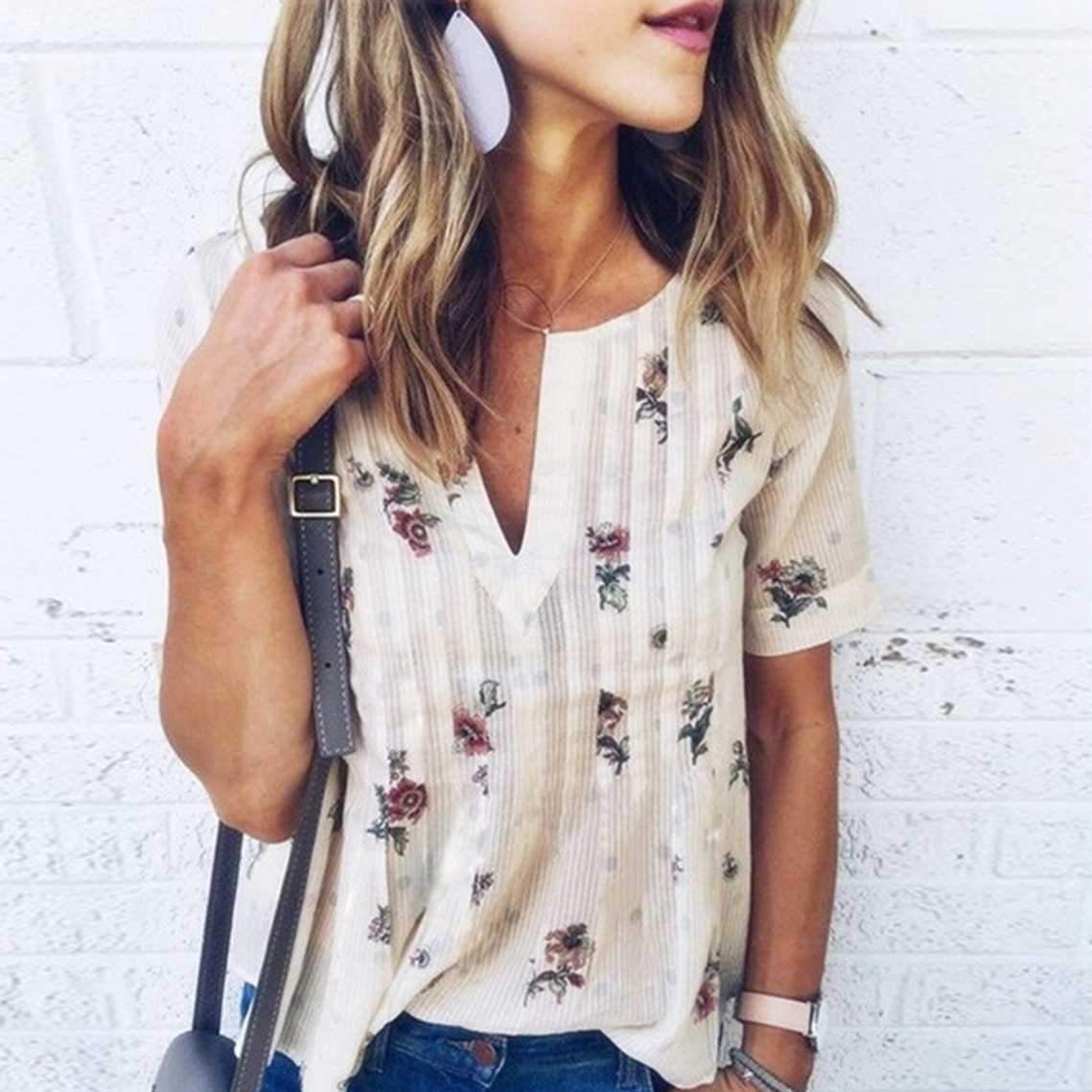 Floral Striped Deep V Neck Casual Blouse on sale - SOUISEE