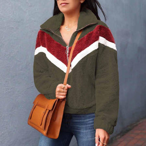 Cozy Colorblock Chevron Half Zip Sherpa Pullover Faux Fur Sweatshirt Jacket on sale - SOUISEE