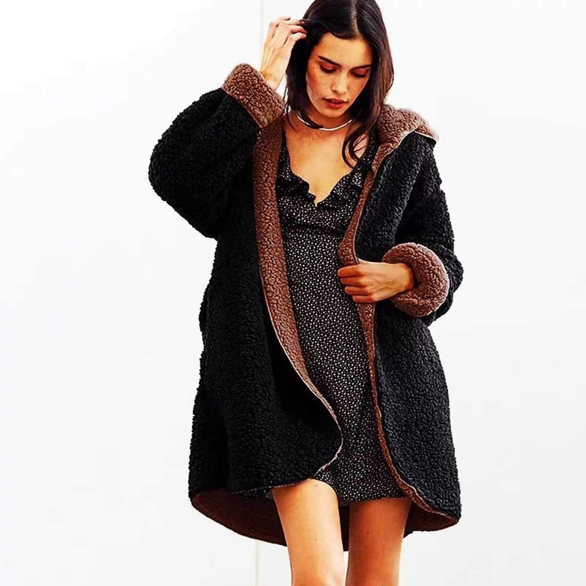 Revers Fuzzy Faux Fur Hooded Long Winter Coat on sale - SOUISEE