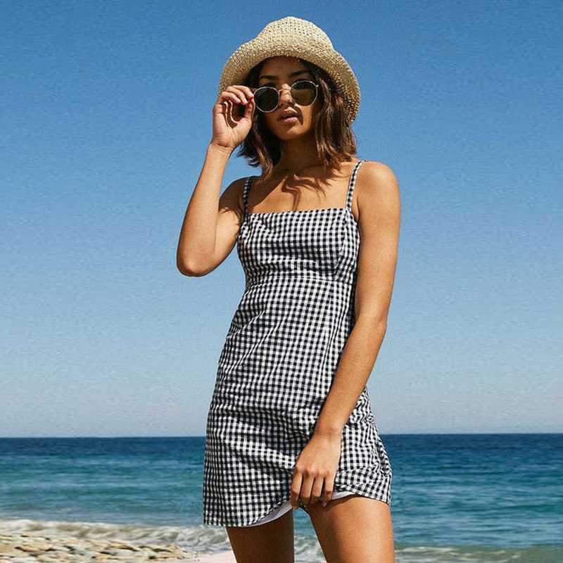 Retro Plaid Straight Neck Gingham Bodycon Dress on sale - SOUISEE