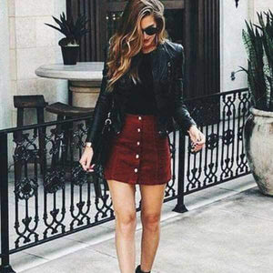 Front Button Up High Waisted Mini Suede Skirt on sale - SOUISEE