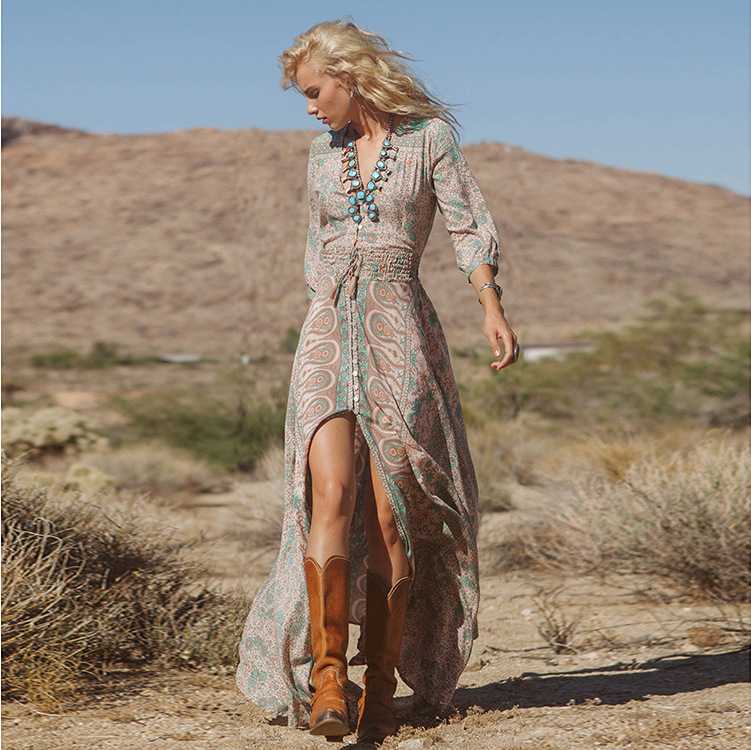 Elastic Waist Hippie Gypsy Floral Prints Double Thigh Split Maxi Dress Chiffon on sale - SOUISEE