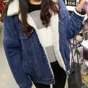 Oversized Fleece Fur Lined Denim Jacket with fur on sale - SOUISEE