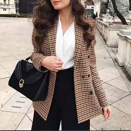 Double Breasted Khaki Lapel Collar Checkered Blazer Suit Womens on sale - SOUISEE