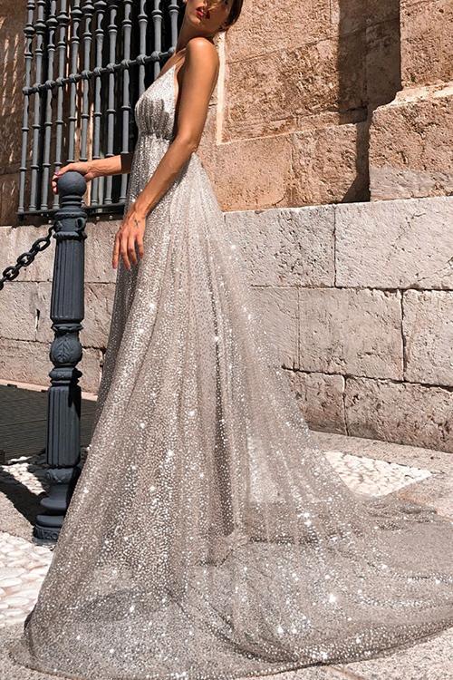 Sparkly Plunge Sequin Mesh Overlay Long Backless Prom Gown Dresses on sale - SOUISEE