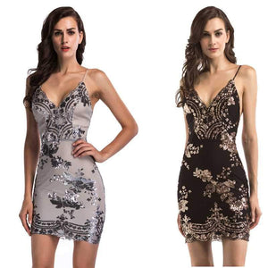 Sparkly Glitter Floral Embellished Spaghetti Plunge Sequin Dress on sale - SOUISEE