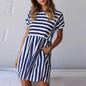 Slimming High Waisted Striped Short Sleeve Swing Dress on sale - SOUISEE