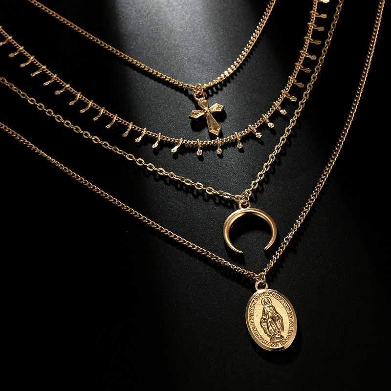 Gold Madonna Goddess Coin Crescent layered Necklace Set on sale - SOUISEE