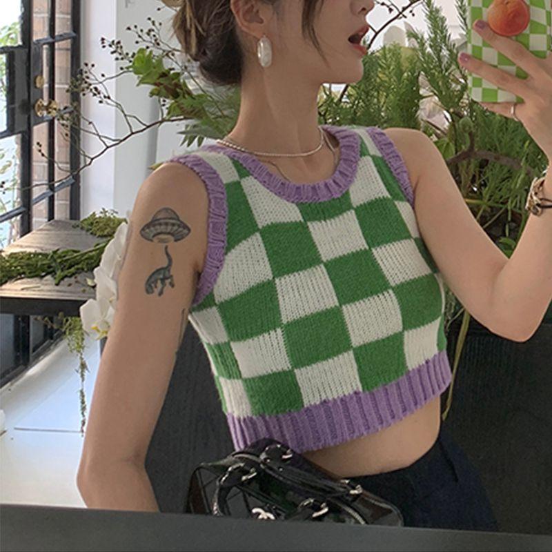 Color Block Ribbed Trimmed Check Knit Vest Cropped Sleeveless Tank Jumper on sale - SOUISEE