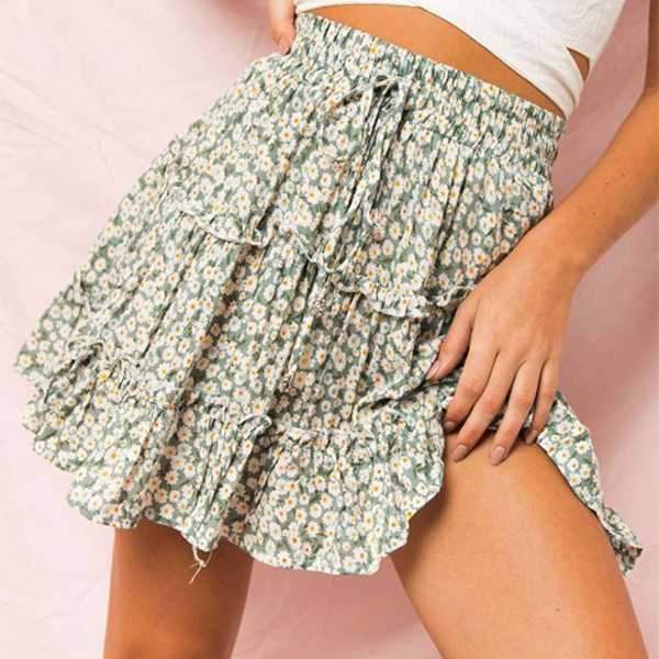 Elastic Fitting Boho Tie Front High Waist Layered Ruffle Floral Skirt on sale - SOUISEE