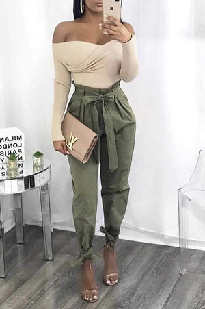 High Waisted Bow Tie Waist Cargo Pants Baggy Trousers on sale - SOUISEE