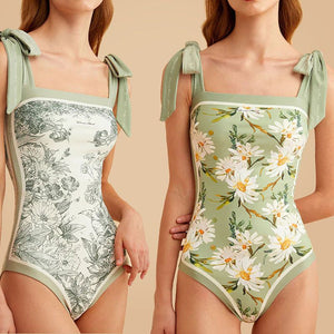 Reversible Tie Up Floral One Piece Swimsuits With Tummy Control Long Torso Bathing Suits