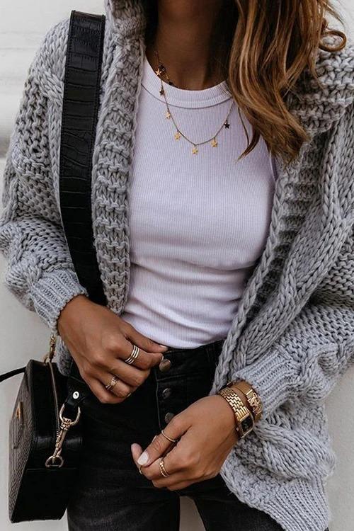Oversized Braided Knitted Chunky Sweater Hoodie Cardigan Sweater Jacket on sale - SOUISEE