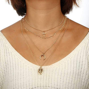 Gold Madonna Goddess Coin Crescent layered Necklace Set on sale - SOUISEE