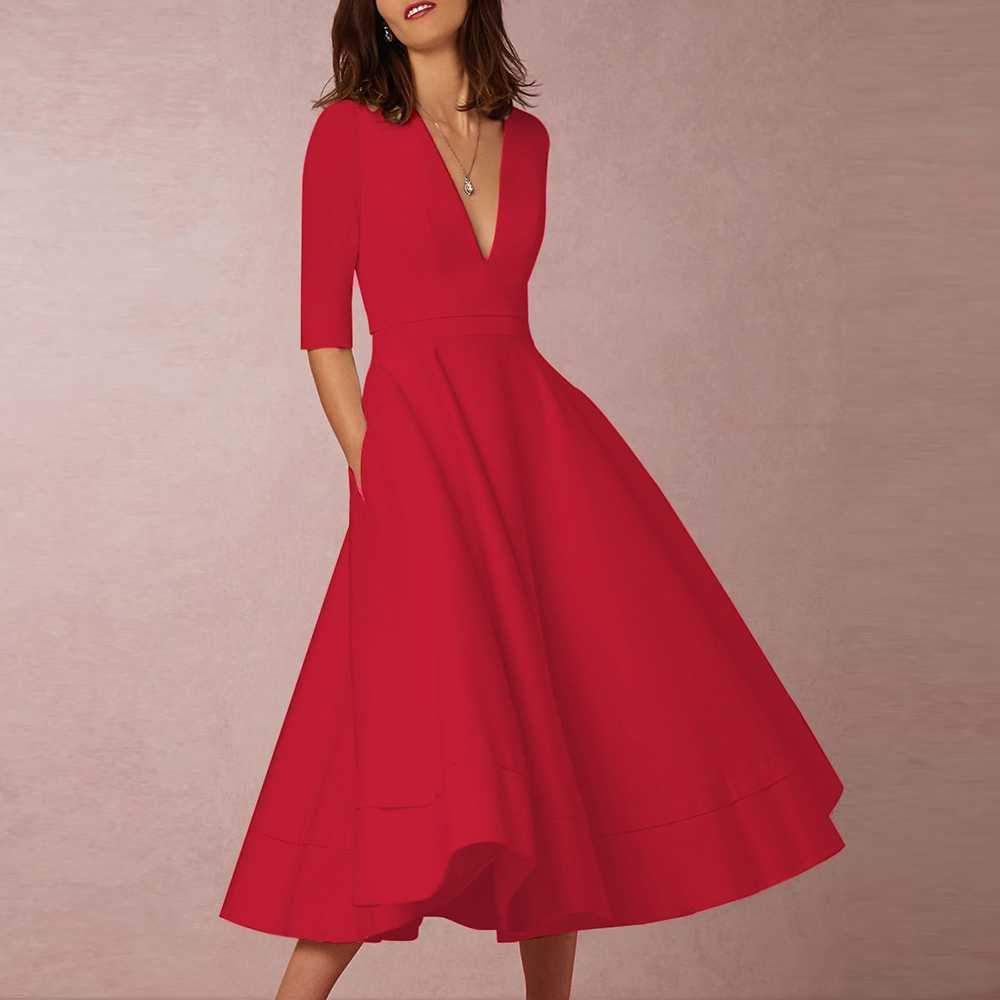 Classy Plunge Neckline Flowy Midi Work Dress on sale - SOUISEE