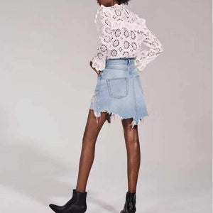 Vintage Washed Distressed Notched Light Denim Mini Skirt on sale - SOUISEE