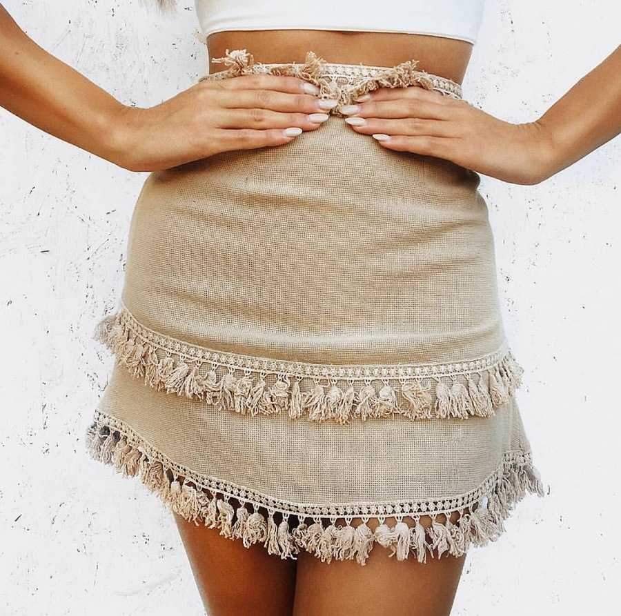 Linen Cotton Boho Chic Layered Tassels High Waist Pom Poms Mini Skirts on sale - SOUISEE