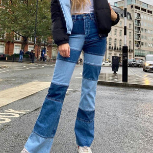 Slim Fit Stitched Color Block Straight Leg Jeans Ripped Denim Trousers on sale - SOUISEE