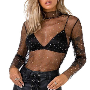 Chic Sparkle Embellished Sheer Mesh Sequin Top Tees on sale - SOUISEE