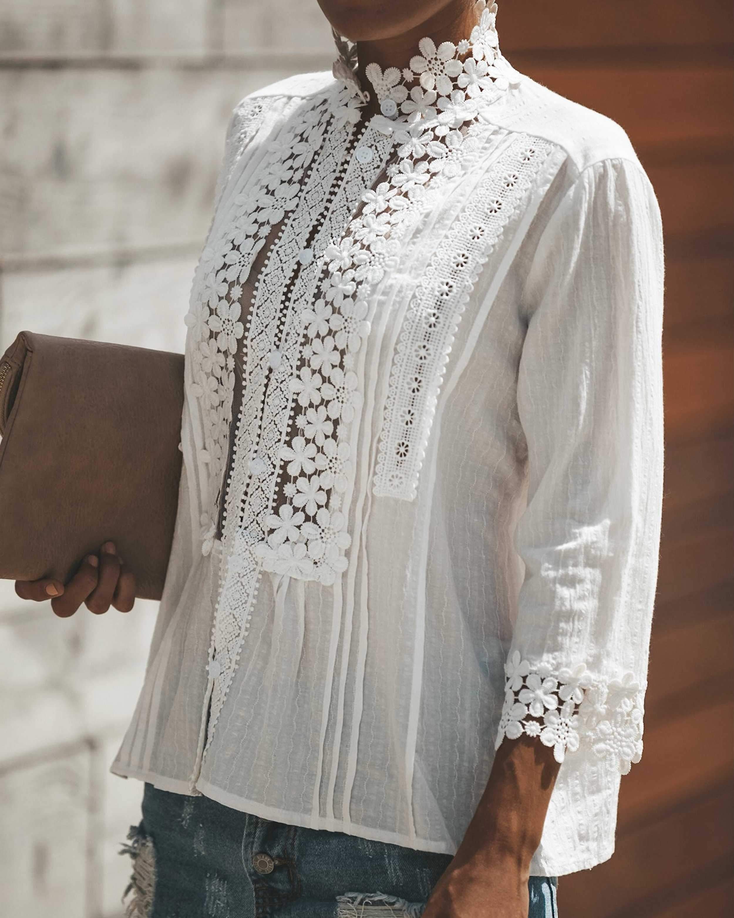 Bohemian Crochet Lace Button Up Shirt Top on sale - SOUISEE