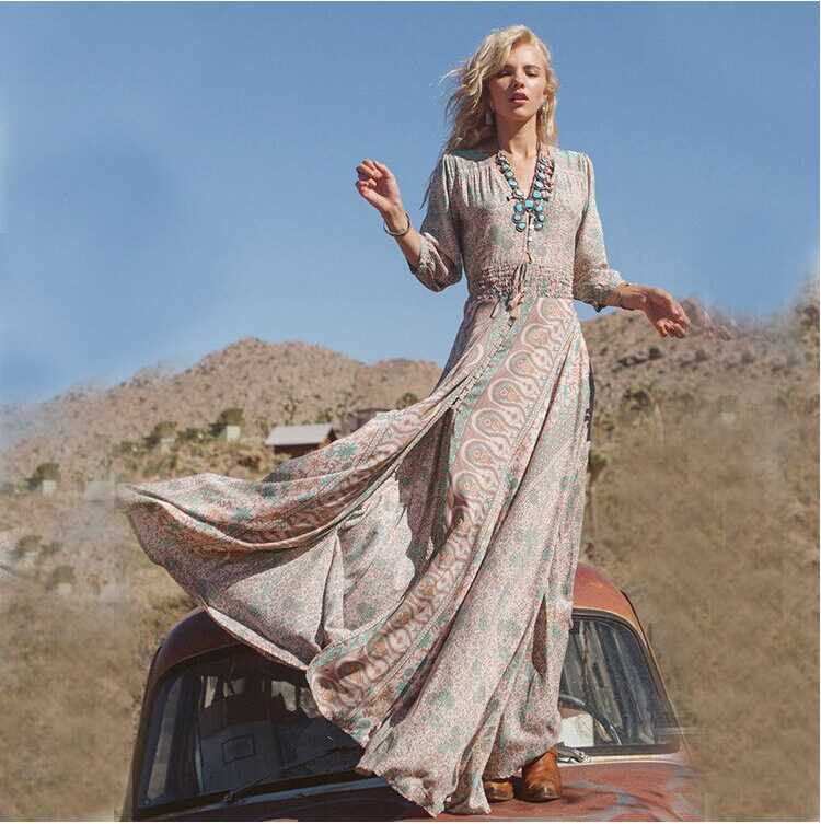 Elastic Waist Hippie Gypsy Floral Prints Double Thigh Split Maxi Dress Chiffon on sale - SOUISEE